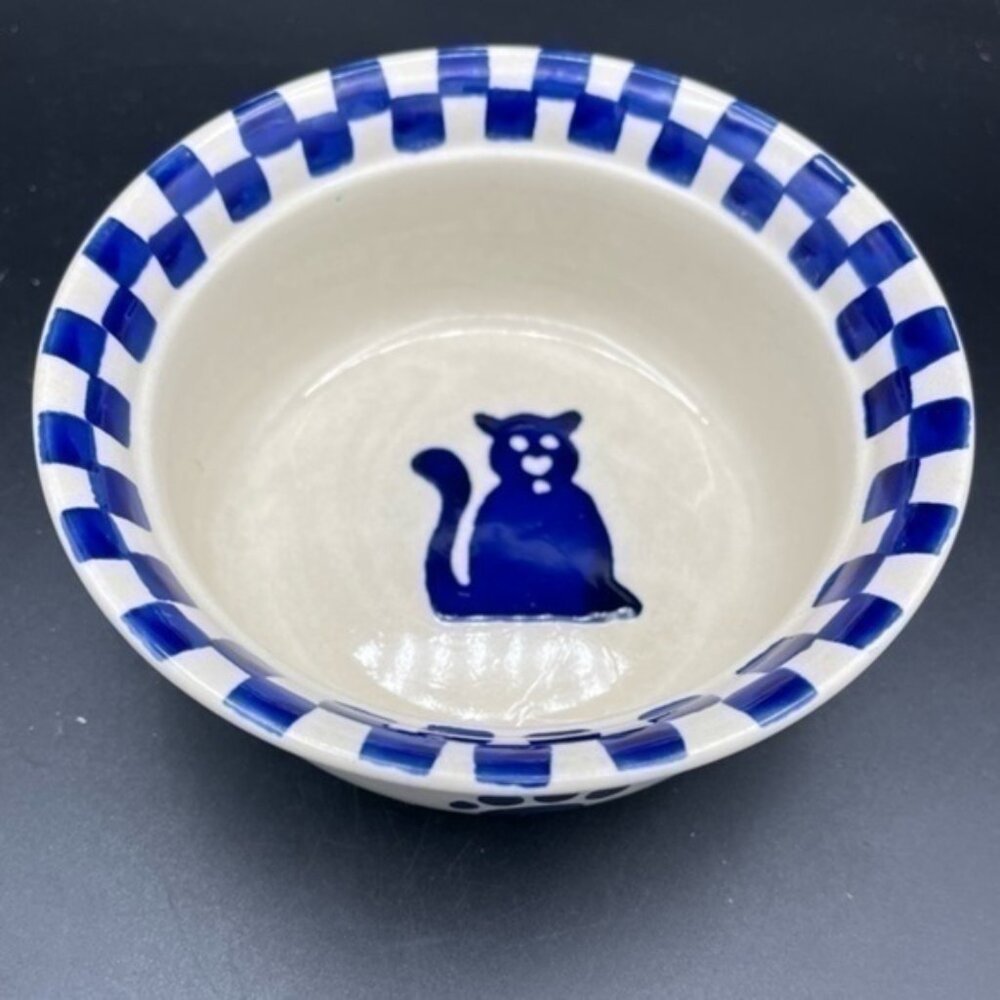Blue and White Pottery Cat Bowl checkered